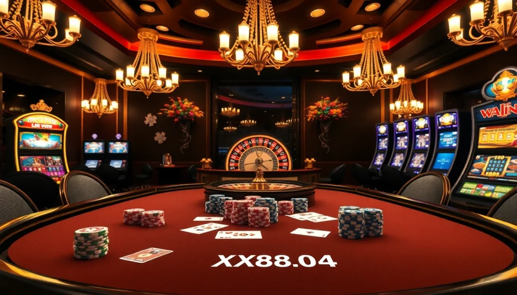 Experience excitement at the XX88.AI casino, highlighted by vibrant poker chips and roulette.