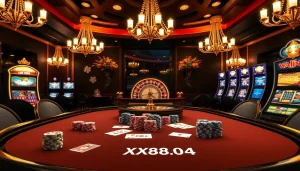 Experience excitement at the XX88.AI casino, highlighted by vibrant poker chips and roulette.