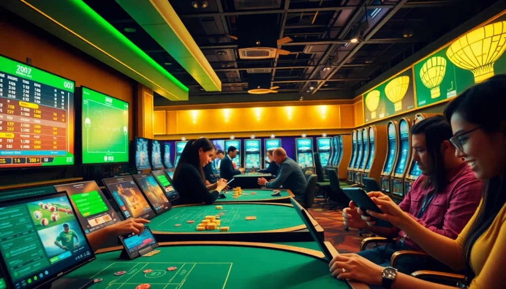 Vibrant online gambling scene with players engaging in football betting on bolagacor, showcasing excitement and trust.