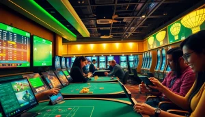 Vibrant online gambling scene with players engaging in football betting on bolagacor, showcasing excitement and trust.