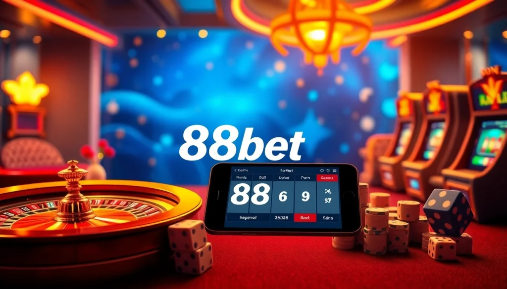 Engaging scene of online gaming with 88bet branding, featuring roulette wheels and poker chips.