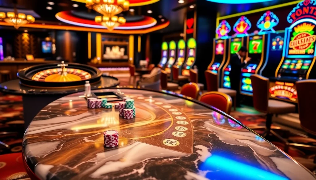 A vibrant casino scene showcasing the RR88EZCOM blackjack table filled with colorful poker chips and sleek cards.