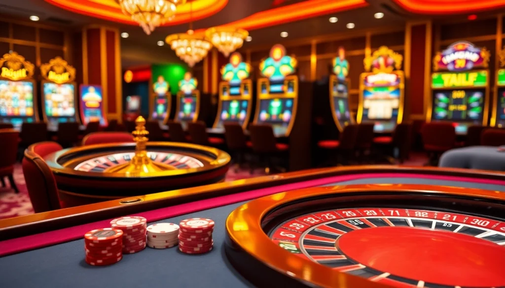 Action-packed gaming scene showcasing THABET casino excitement with poker, roulette, and vibrant slot machines.