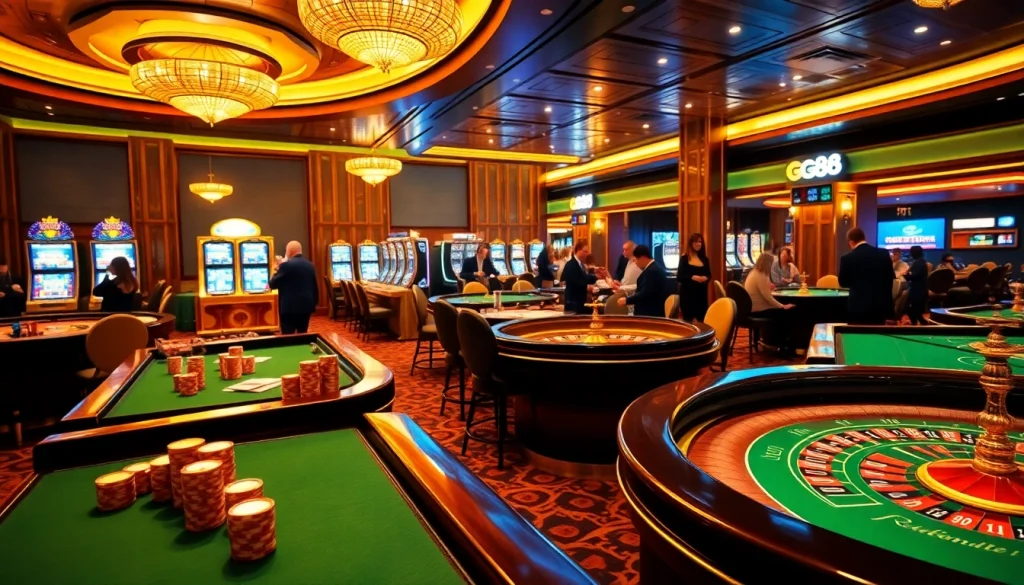 Experience high-stakes gaming excitement at GG88 casino with vibrant tables and slot machines.