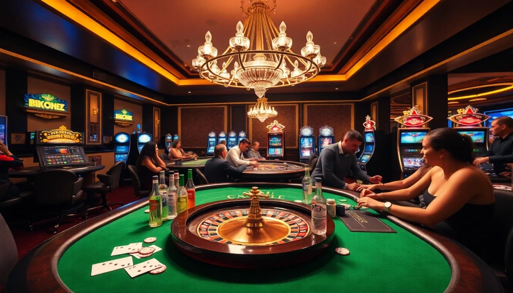 Action-packed scene at nhà cái jbo casino with players enjoying roulette and slot machines.