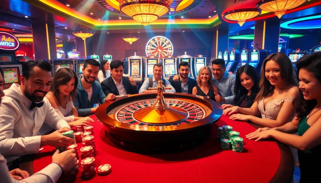 Players enjoying the excitement of gambling at https://okfun02.co/ roulette table in a luxurious casino setting.