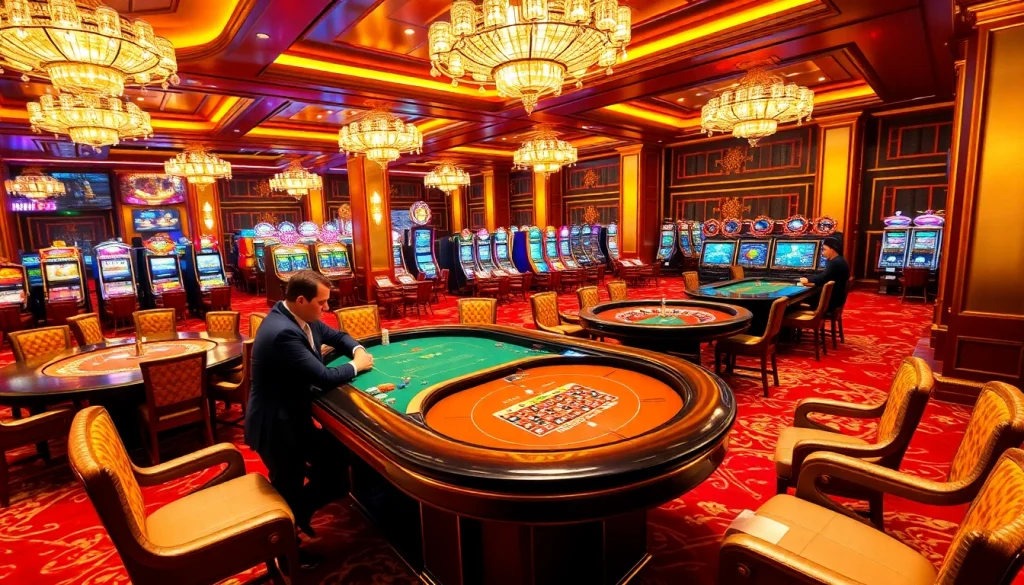 Players enjoying a high-stakes poker game at urr88.com in a luxurious casino setting.