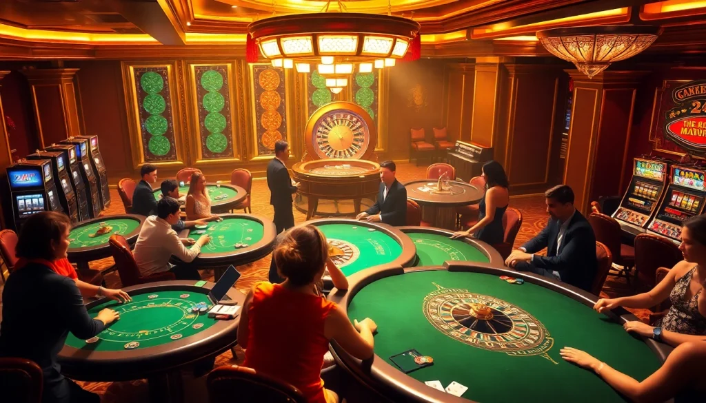 Engaging scene of the 24k club with luxurious casino tables and players enjoying their games.