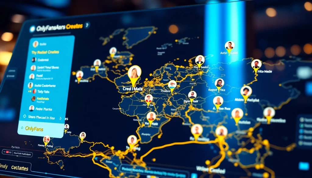 OnlyFans Nearby Creators interactive map interface showcasing local profiles and categories.
