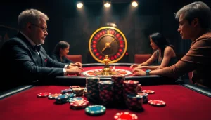 A dynamic poker table scene featuring "raja 88" themed poker chips and a roulette wheel, showcasing excitement in casino gaming.