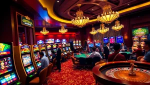 Excited players engaging with vibrant slot machines at jagoan86 casino, showcasing luxury and thrill.