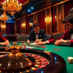 Hit club players engaging in a high-stakes poker game surrounded by luxury casino elements.