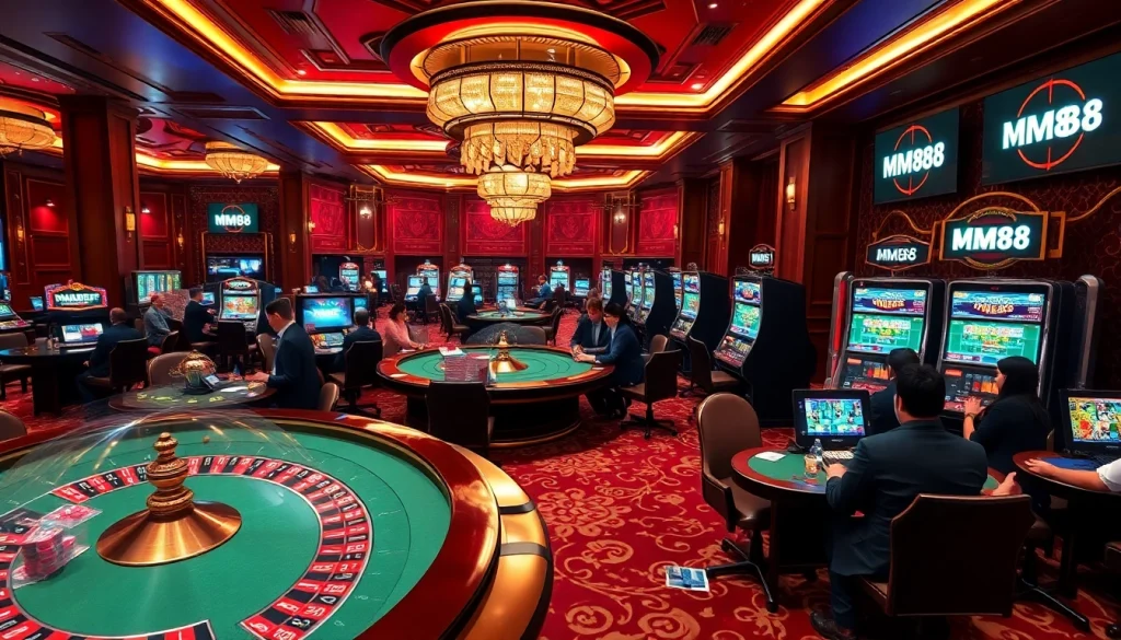 Engaging in exciting games at MM88 casino, showcasing vibrant tables and high-stakes thrills.