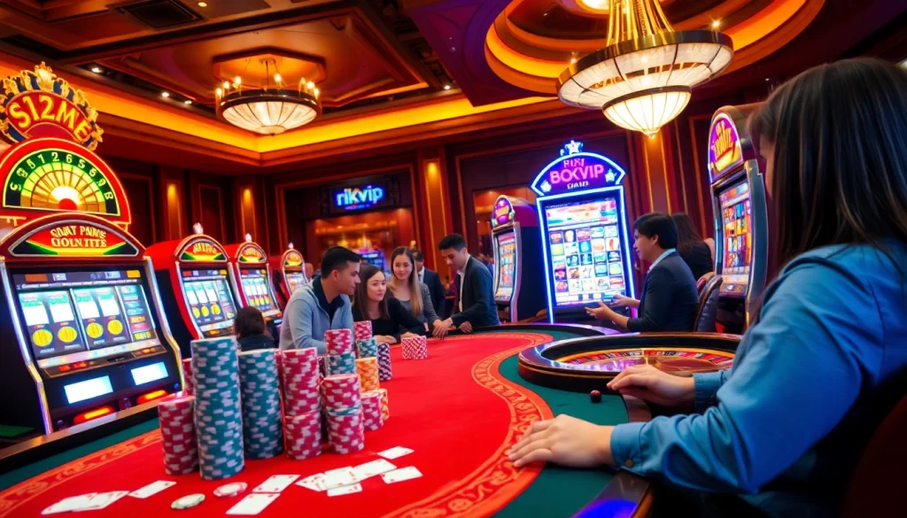 Engaging players at a luxurious casino gaming table, showcasing rikvip excitement and thrill.