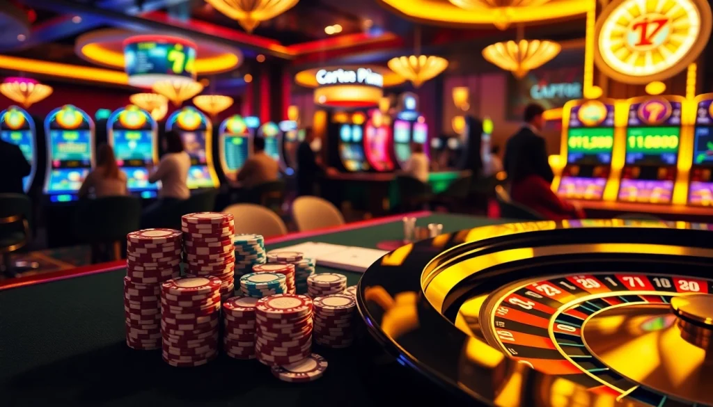 Experience the thrill of 바이낸스 회원가입 with vibrant casino visuals showcasing poker chips, cards, and roulette wheels.