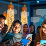 مشهد تفاعلي للمستخدمين في شات عربي، يتواصلون عبر الإنترنت بشكل جميل من خلال محادثات ودية.