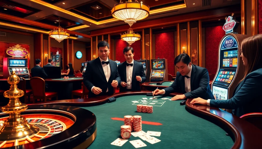 Experience the thrill of MK8's online casino with players at a vibrant poker table and glowing slot machines.