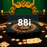 Experience the thrill of 88i with poker chips and a roulette wheel at an online casino table.