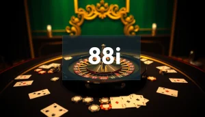 Experience the thrill of 88i with poker chips and a roulette wheel at an online casino table.
