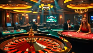 Players enjoy thrilling moments at MK8.COM's luxurious casino games, featuring roulette and poker tables.
