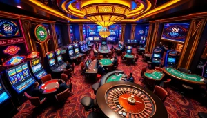 Players enjoying high-stakes poker and dynamic slot machines in an upscale casino featuring 88i branding.