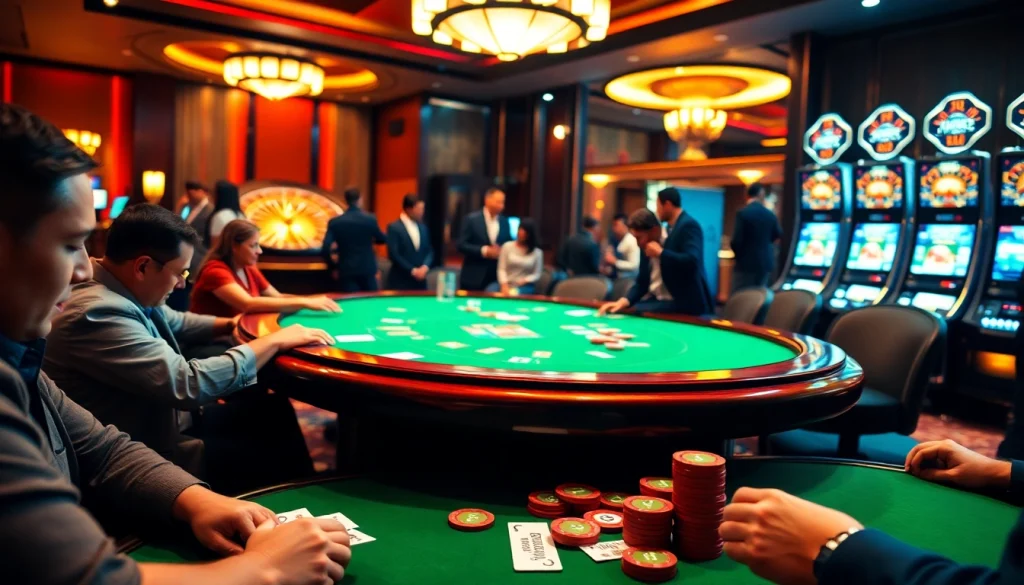 Players engage in an exciting poker game at https://lclc88.com, showcasing vibrant casino elements and thrilling atmosphere.