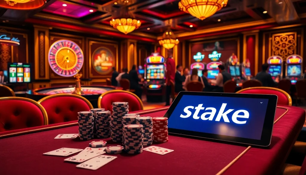 סצנת קזינו מרתקת המדגישה את Stake באמצעות שבבי פוקר ובמכונות מזל צבעוניות.