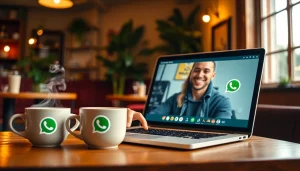 在咖啡馆通过 WhatsApp Web 与朋友互动，展示快连官网的通信功能。