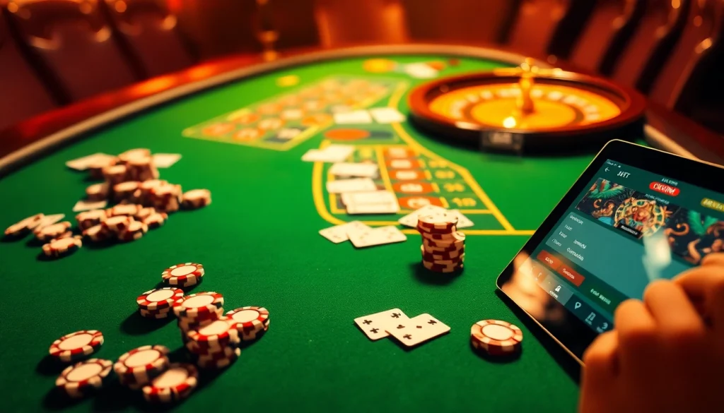 Win big at https://okwin.blog/ with an exciting casino scene featuring luxury gaming tables and vibrant action.