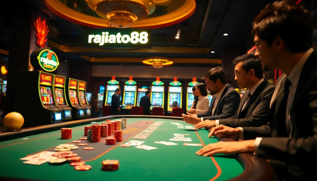 Engaging players at a luxurious casino table showcasing rajatoto88 atmosphere with poker chips and cards.