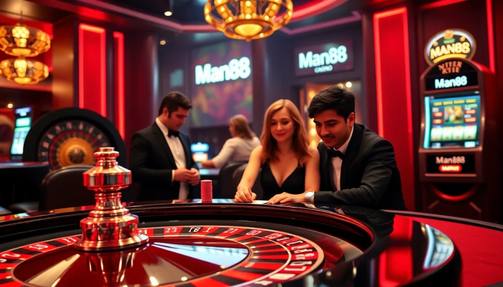 Players enjoy thrilling games at Man88 casino, showcasing excitement and professional atmosphere.