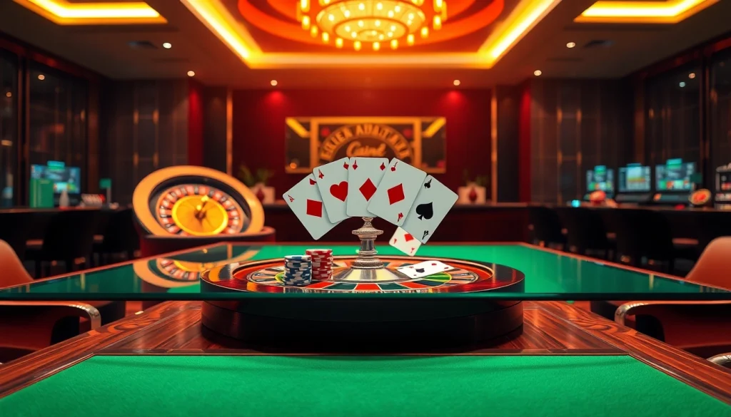 סצנת הימורי רמי אונליין מרגשת הכוללת אלמנטים של קזינו וירטואלי עם שבבי פוקר וקלפים.