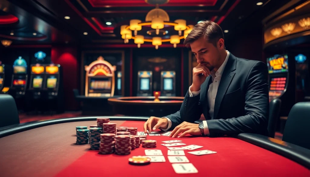 Engaging with kx8 on a high-stakes poker table amid a thrilling casino atmosphere.