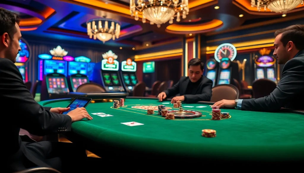 שחקנים מעורבים סביב שולחן פוקר, חווים את ההתרגשות של הימורי רמי אונליין בקזינו יוקרתי.