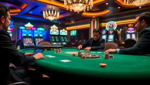 שחקנים מעורבים סביב שולחן פוקר, חווים את ההתרגשות של הימורי רמי אונליין בקזינו יוקרתי.