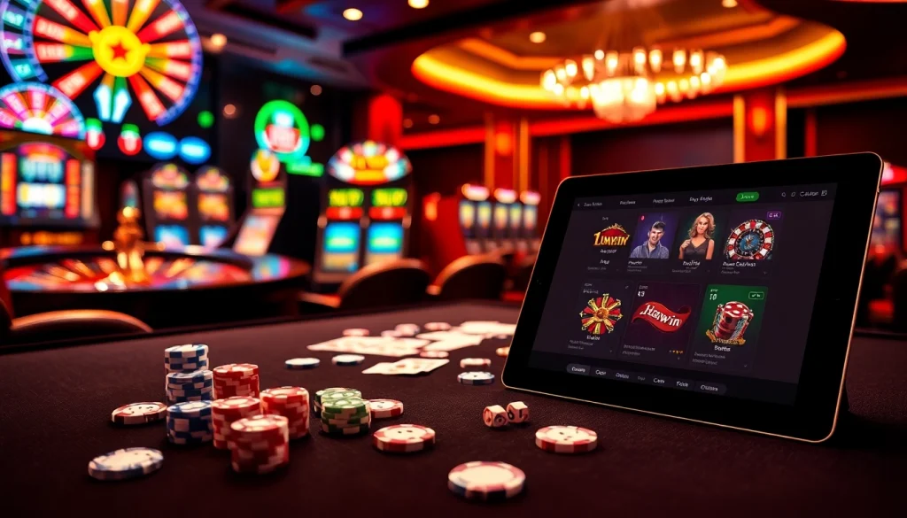 Engaging casino scene showcasing 1haywin.us.com with poker chips and roulette for online gamblers.