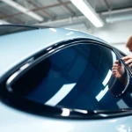Enhancing vehicle aesthetics with ceramic window tint installation by a professional.