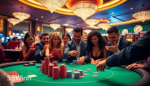 Players enjoying a vibrant game at the 555win casino table, surrounded by chips and cards.