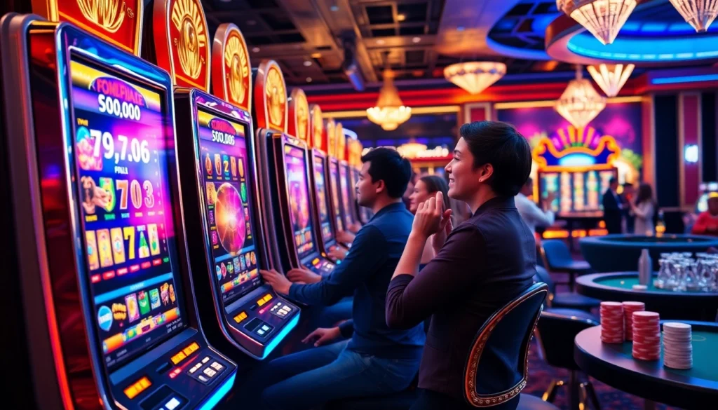 Engaging players spin reels in a luxurious slot online casino setting with vibrant machines.