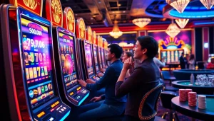 Engaging players spin reels in a luxurious slot online casino setting with vibrant machines.