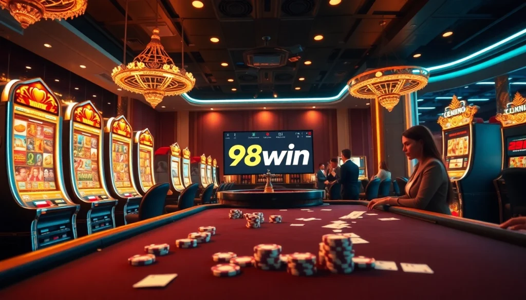 Experience thrilling online gaming with app 98win in a luxurious casino setting, showcasing vibrant slot machines and cards.