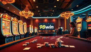 Experience thrilling online gaming with app 98win in a luxurious casino setting, showcasing vibrant slot machines and cards.
