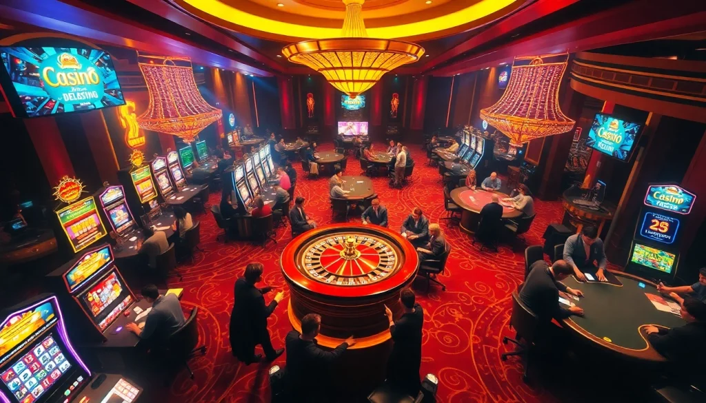 Experience the excitement of gambling at https://go8vni.com/ with players at a roulette wheel, poker, and slots.
