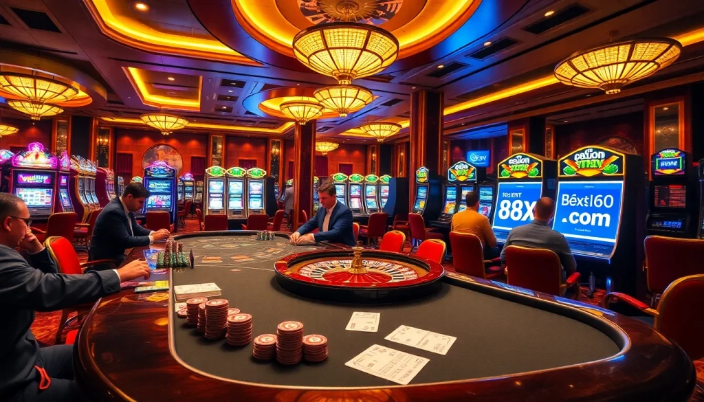 Exciting gambling scene showcasing 88xx com with poker chips, cards, and a roulette wheel.
