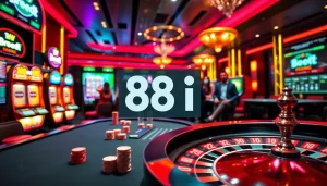 Players enjoying a thrilling game at 88i's luxurious casino table with vibrant slot machines.