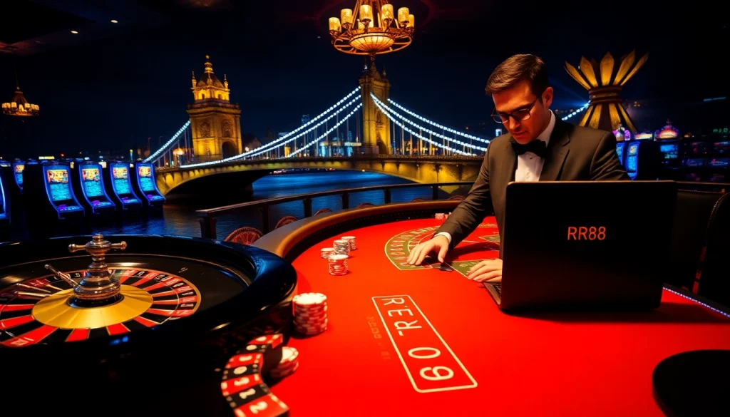 Engaging RR88 casino scene showcasing thrilling gambling elements including roulette and poker tables.