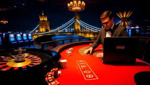 Engaging RR88 casino scene showcasing thrilling gambling elements including roulette and poker tables.