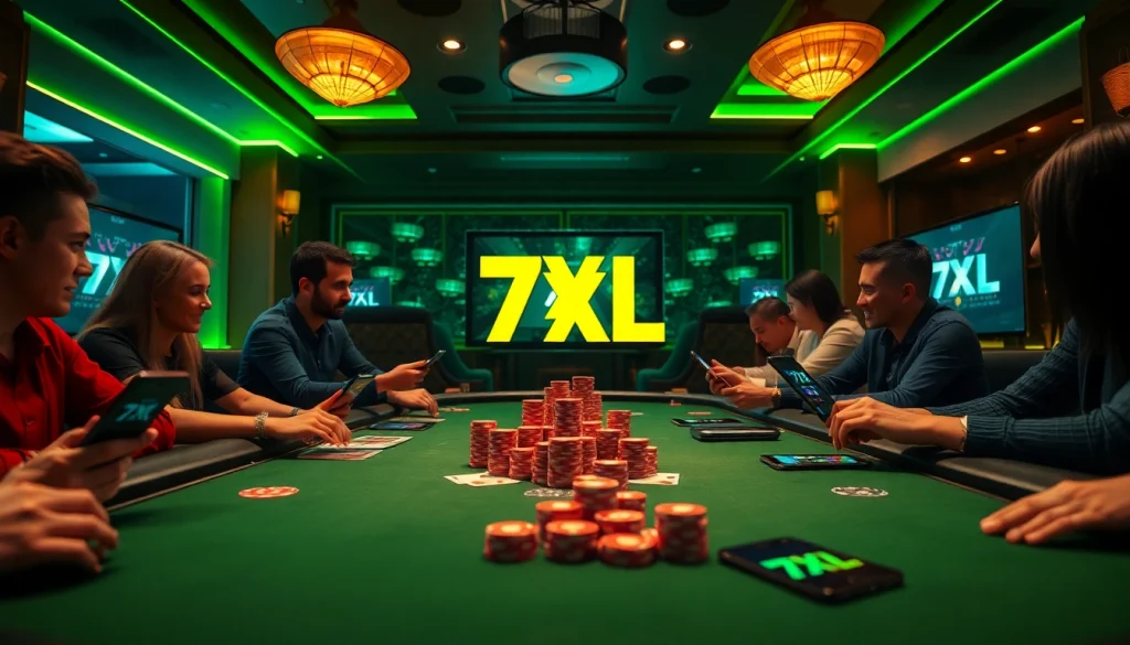 סצנת פוקר אונליין מרגשת של 7xl סוכן הכוללת שחקנים, צ'יפים, וממשקים דיגיטליים תוססים.