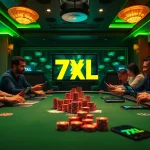 סצנת פוקר אונליין מרגשת של 7xl סוכן הכוללת שחקנים, צ'יפים, וממשקים דיגיטליים תוססים.