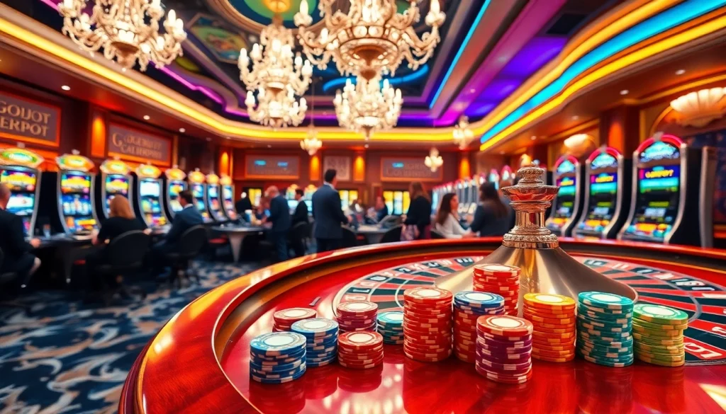 Excited players enjoying Gojekpot at a vibrant casino with colorful slot machines.